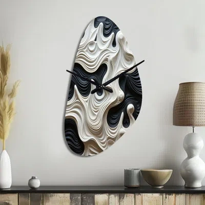 Design Art Black White Opt Art Rhythmic Pulses I - Op Art Unique Shape Metal Wall Clock, Black Asymmetrical Wal