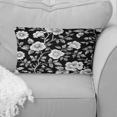 Design Art Black White Secret Floral Gardens I - Traditional Lumbar Pillow In Black;white