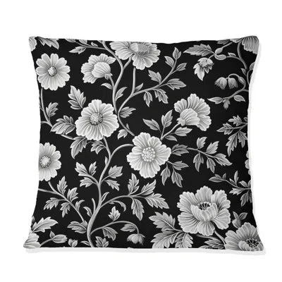 Design Art Black White Secret Floral Gardens I - Traditional Throw Pillow In Black;white