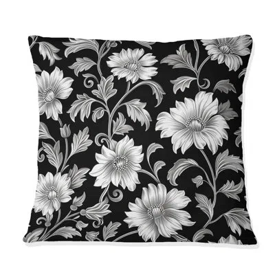 Design Art Black White Secret Floral Gardens Ii - Traditional Throw Pillow In Black;white