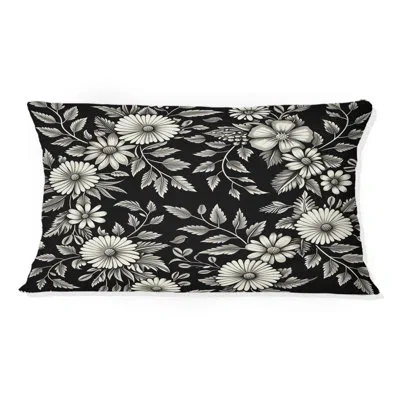 Design Art Black White Secret Floral Gardens V - Traditional Lumbar Pillow In Black;white