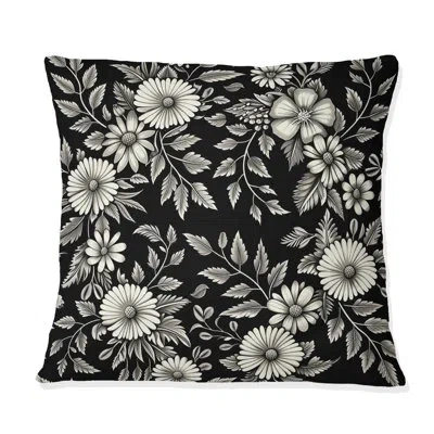 Design Art Black White Secret Floral Gardens V - Traditional Throw Pillow In Black;white