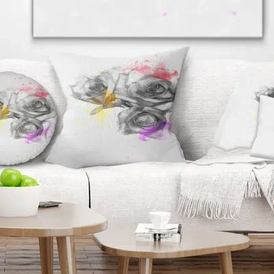 Design Art Black White Watercolor Rose Sketch - Floral Printed Pillow