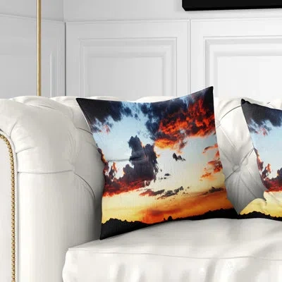 Design Art Blazing Sky With Clouds Panorama - Sea & Shore Printed Pillow In Blue;orange