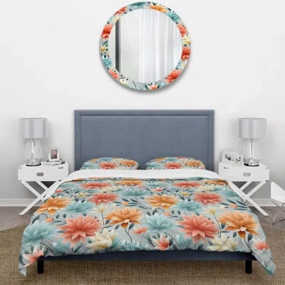 Design Art Blissful Mindfulness Mediation - Floral Duvet Cover Set - Microfiber Polyester In Yellow;coral