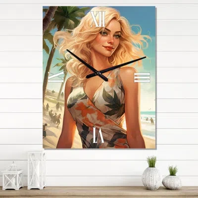 Design Art Blonde Beauty Walking By The Shoreline Ii - Fashion Woman Wall Clock Oversized In Beige