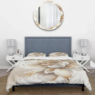 Design Art Blooming Beige Floral Design I - Floral Duvet Cover Set - Microfiber Polyester In White;beige