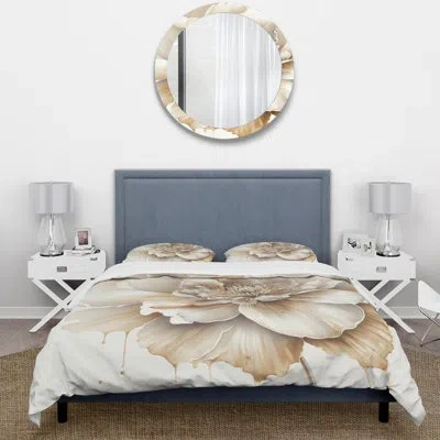 Design Art Blooming Beige Floral Design Ii - Floral Duvet Cover Set - Microfiber Polyester In White;beige