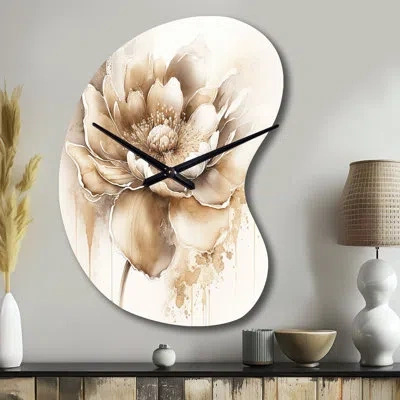 Design Art Blooming Beige Floral Design Iv - Floral Asymmetrical Metal Wall Clocks, Beige Unique Shape Wall Clo In White;beige