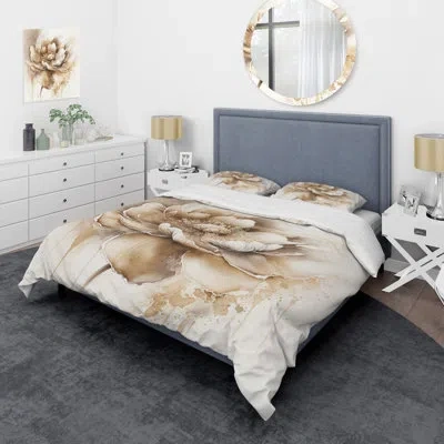 Design Art Blooming Beige Floral Design Iv - Floral Duvet Cover Set - Microfiber Polyester In White;beige