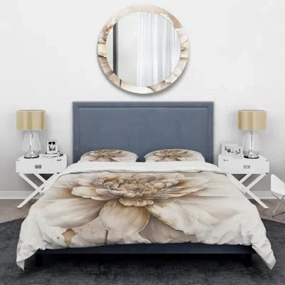 Design Art Blooming Beige Floral Design V - Floral Duvet Cover Set - Microfiber Polyester In White;beige