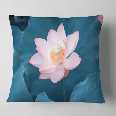 Design Art Blooming Pink Lotus Flower - Sea & Shore Printed Pillow In Green;pink
