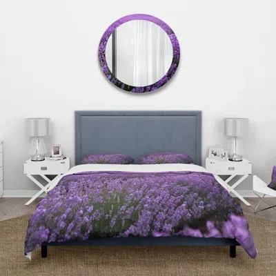 Design Art Blooming Purple Lavender Field - Farmhouse Duvet Cover Set - Microfiber Polyester In Green;purple