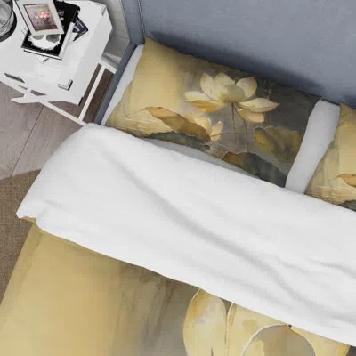 Design Art Blooming Vintage Lotus In The Pond Iii - Floral Lotus Duvet Cover Set - Microfiber Polyester In White;green