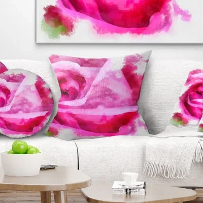 Design Art Bloomy Pink Rose Watercolor Drawing - Floral Printed Pillow