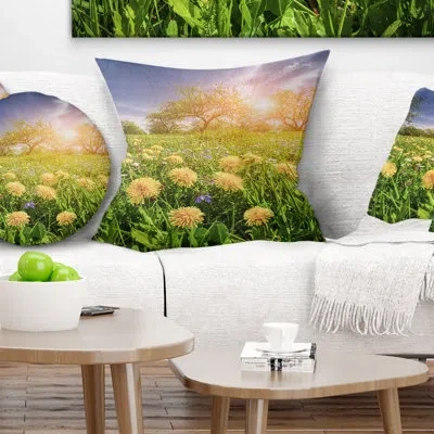 Design Art Blossom Dandelions In Green Garden - Landscape Printed Pillow