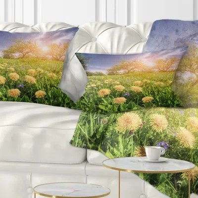Design Art Blossom Dandelions In Green Garden - Landscape Printed Throw Pillow