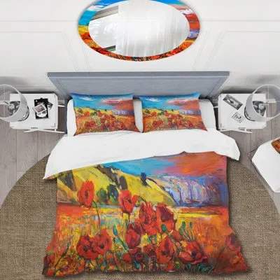 Design Art Blossom Red Poppy Fields Under A Blue Sky - Traditional Duvet Cover Set - Microfiber Polyester