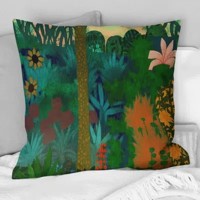 Design Art Blossoming And Vibrant Jungle Flora Vii - Forest Printed Throw Pillow In Green;orange