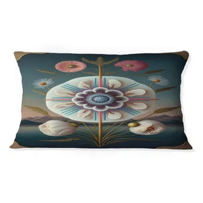 Design Art Blossoming Geometric Flower Art Iii - Floral Printed Throw Pillow In Blue;white