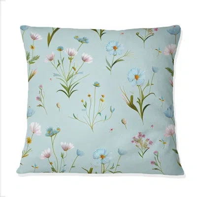 Design Art Blossoming Pastel Wildflowers On Light Blue Iv - Floral Printed Throw Pillow