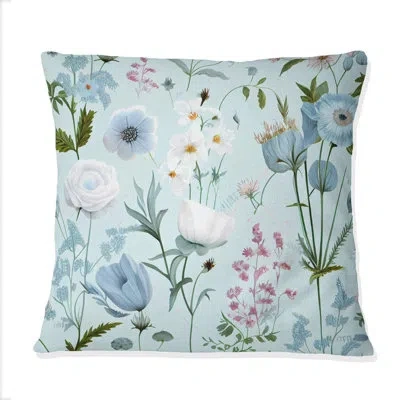 Design Art Blossoming Pastel Wildflowers On Light Blue Vii - Floral Printed Throw Pillow