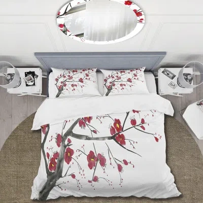 Design Art Blossoming Pink And Red Plum Flowers I - Traditional Duvet Cover Set - Microfiber Polyester In Black;pink