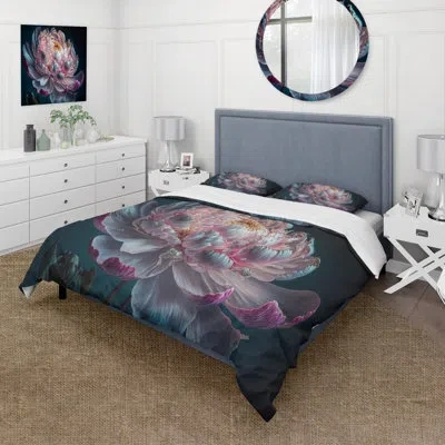Design Art Blossoming Pink And White Peony Iv - Floral Peony Duvet Cover Set - Microfiber Polyester In White;pink