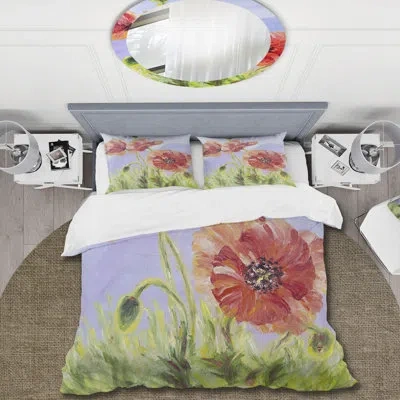 Design Art Blossoming Poppies In The Morning Iv - Traditional Duvet Cover Set - Microfiber Polyester In Red,green