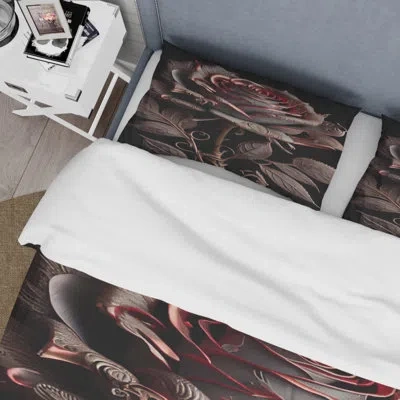 Design Art Blossoming Rose In Red And Gray Iv Beddingmicrofiber / Polyester Duvet Cover Set In Pink