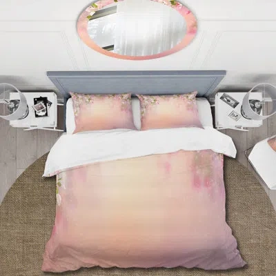 Design Art Blossoming Spring Cherry Blossoms - Traditional Duvet Cover Set - Microfiber Polyester In Green;pink