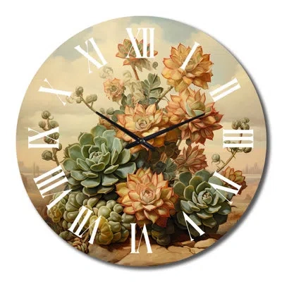 Design Art Blossoming Succulent In The Wild I Metal Wall Clock In Yellow