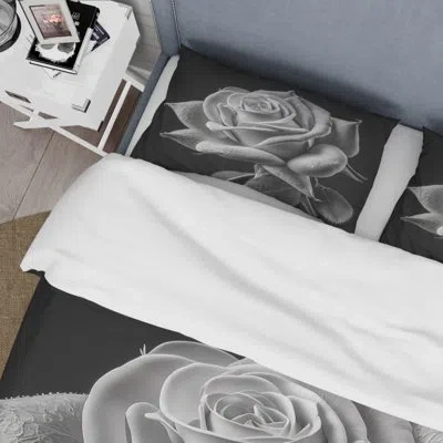 Design Art Blossoming White Rose On Black I - Floral Rose Duvet Cover Set - Microfiber Polyester In Pink