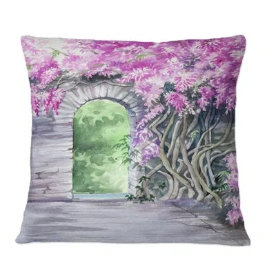 Design Art Blossoming Wisteria Garden Over Garden Entrance - Farmhouse Printed Throw Pillow In Pink