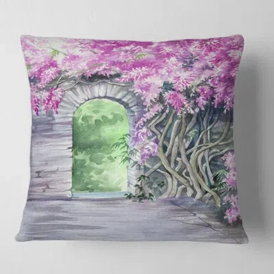 Design Art Blossoming Wisteria Garden Over The Wall - Traditional Printed Throw Pillow In Purple