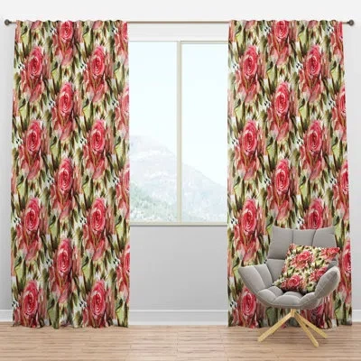 Design Art Blossomng Roses Watercolor Pattern - Traditional Velvet Curtain - Room Darkening - 1 Panel