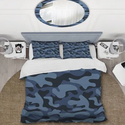 Design Art Blue Amoeba Camouflage - Abstract Duvet Cover Set - Microfiber Polyester