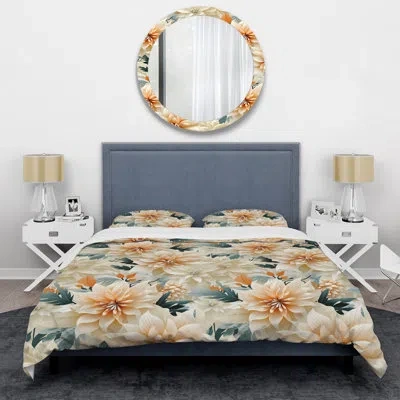Design Art Blue And Beige Geometric Floral Fusion Elegance I Duvet Cover Set In Blue;beige