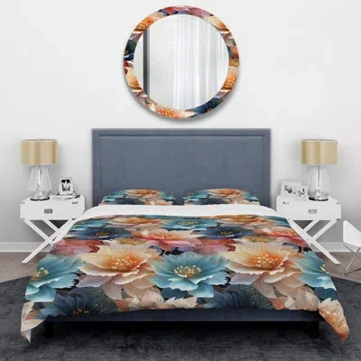 Design Art Blue And Beige Metallic Ii - Floral Duvet Cover Set - Microfiber Polyester In Multicolor
