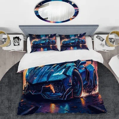 Design Art Blue And Black Exotic Car Velocity Ii - Cars Race Exotic Duvet Cover Set - Microfiber Polyester In Blue;black