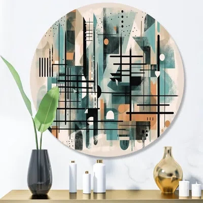Design Art Blue And Black Geometric Shadows I - Abstract Minimalism Round Wall Art On Metal In Blue;black