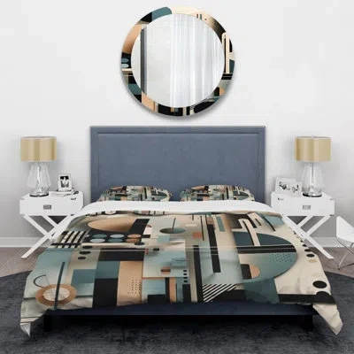 Design Art Blue And Black Symmetry In Motion I - Abstract Geometric Duvet Cover Set - Microfiber Polyester In Blue;black
