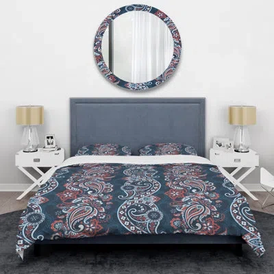 Design Art Blue And Brown Floral Paisley - Abstract Duvet Cover Set - Microfiber Polyester In Navy,orangle,white