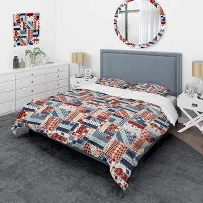 Design Art Blue And Brown Patchwork - Abstract Duvet Cover Set - Microfiber Polyester In Blue,brown