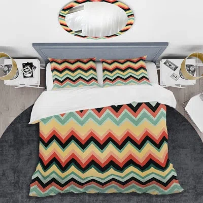 Design Art Blue And Coral Retro Chevron Charm Duvet Cover Set In Blue;black;yellow