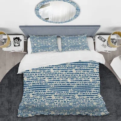 Design Art Blue And Cream Striped Pattern - Abstract Duvet Cover Set - Microfiber Polyester In Blue,white