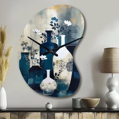 Design Art Blue And Cream Whimsical Clay Vase Ii - Boho Pottery Irregular Shape Metal Wall Clock, Traditional A In Blue;cream