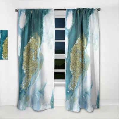 Design Art Blue And Glitter Gold Liquid Art - Modern Velvet Curtain - Room Darkening - 1 Panel