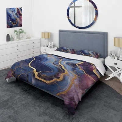 Design Art Blue And Gold Abstract Marble Essence I - Abstract Marble Duvet Cover Set In Blue;gold