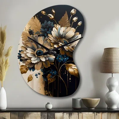 Design Art Blue And Gold Daisy Bunch Ii - Daisy Asymmetrical Metal Wall Clock, Traditional Irregular Shape Wall In Blue;gold